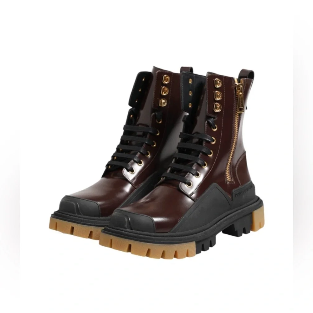 Dolce & Gabbana Brown Black Leather Boots Zipper Lace Up Men's Shoes